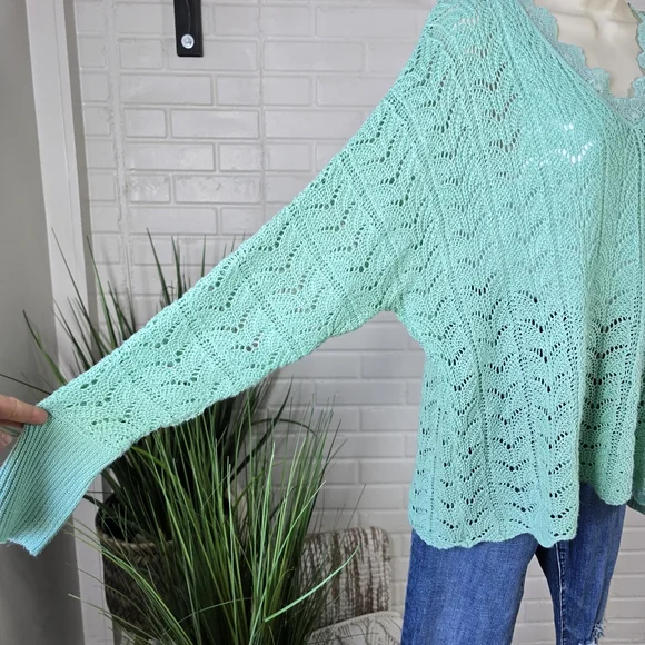 Daytrip Mint Lace V-Neck Crochet Sweater Oversized Medium - Picture 6 of 11
